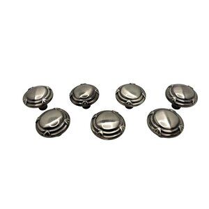 Set Of 7 Vintage Round Brushed Metal Drawer Knobs With Decorative Design